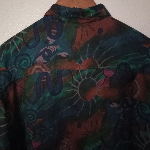 Punch Vintage L Silk Button Down Volcano Sun Pattern Top Blouse Turquoise Tan - Picture 5 of 16